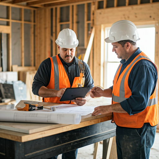 Professional contractors reviewing plans on a construction site